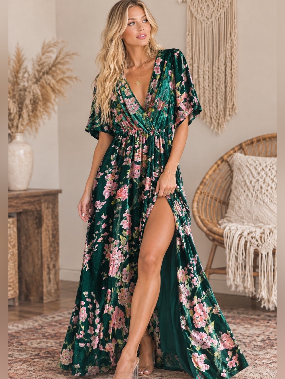 Baltic Born Emerald Green Floral High-Low Maxi Dress
